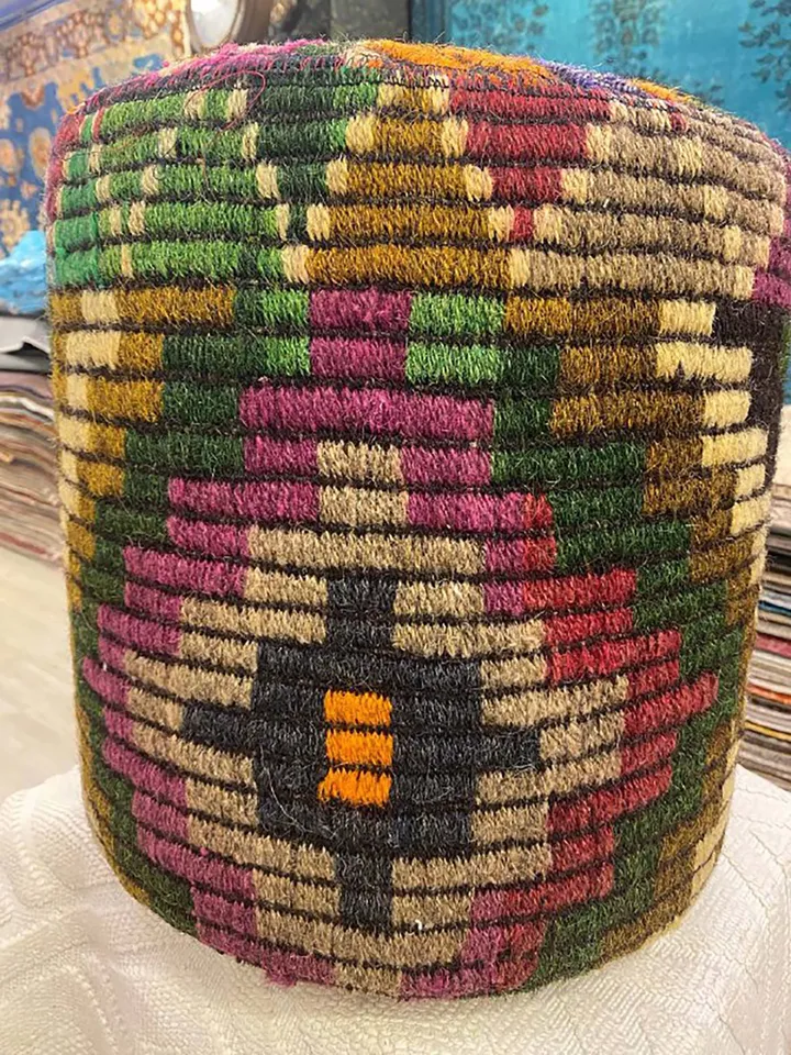 BohoCozy: Handmade Patchwork Ottoman Pouf, Bohemian Kilim Rug, 35x40x35cm for a Cozy Home Decor .