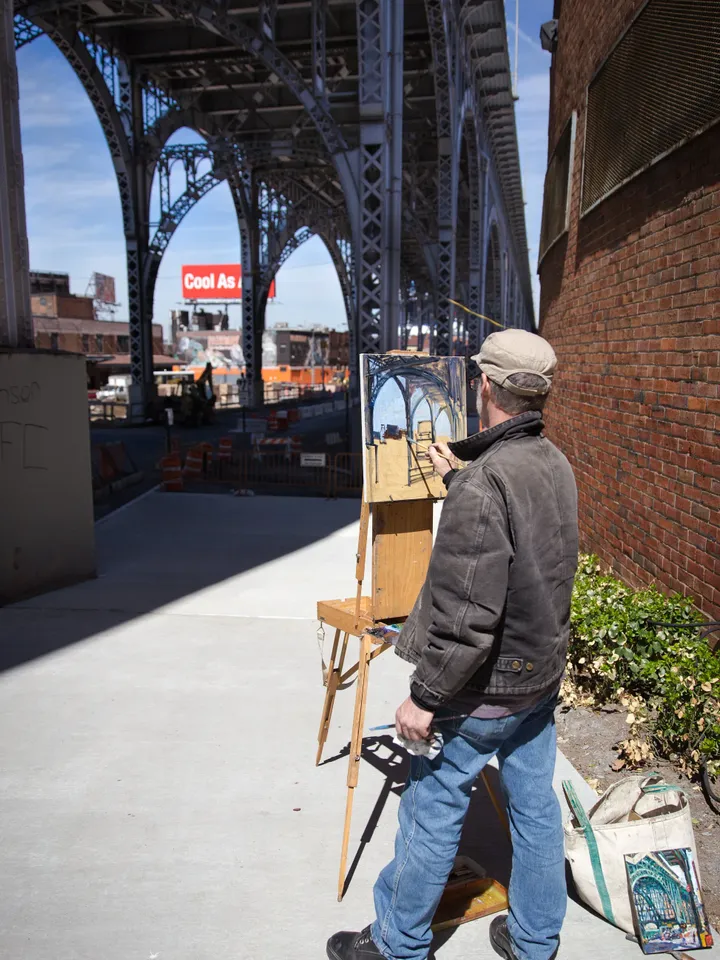 New York Cityscape Painting -Broadway Bridge Car Wash/Inwood NYC- 14x20 Oil on Canvas, Signed Original Urban Impressionist Landscape