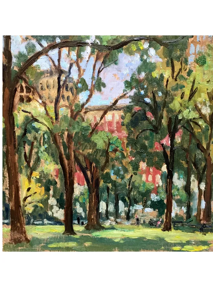 Original NYC Cityscape Painting -Madison Square Park/Summer Light- 8x8 Oil on Panel, New York Impressionist Fine Art, Signed Landscape