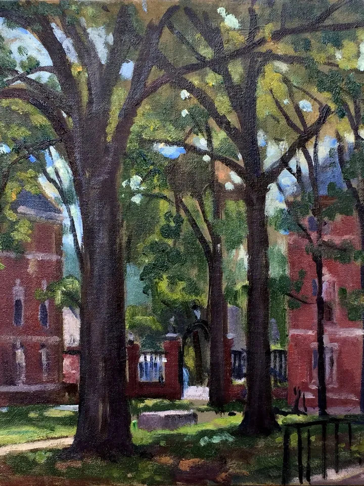 Williams College Landscape Painting - Summer Light/Sage Hall- 9x12 Oil on Linen, Plein Air Impressionist Fine Art, Signed Original Realism