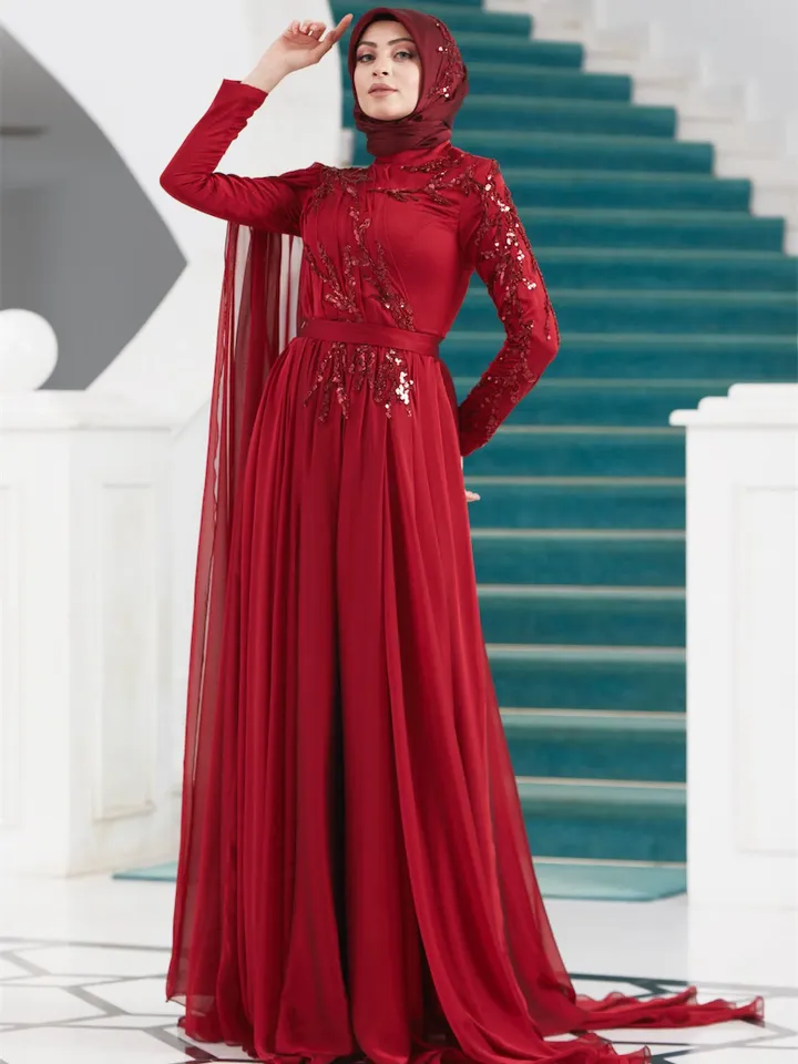 AHUNARE HIJAB - Vera Burgundy Chiffon Wedding Dress, Muslim Evening Gown, Nikah, Islamic Wedding, Engagement, Bridesmaid,