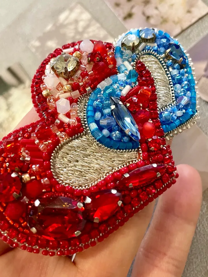 Beaded Brooch Hearts in Red and Blue Color, Handmade Embroidered Accessory, Pin Brooch, Heart Brooch