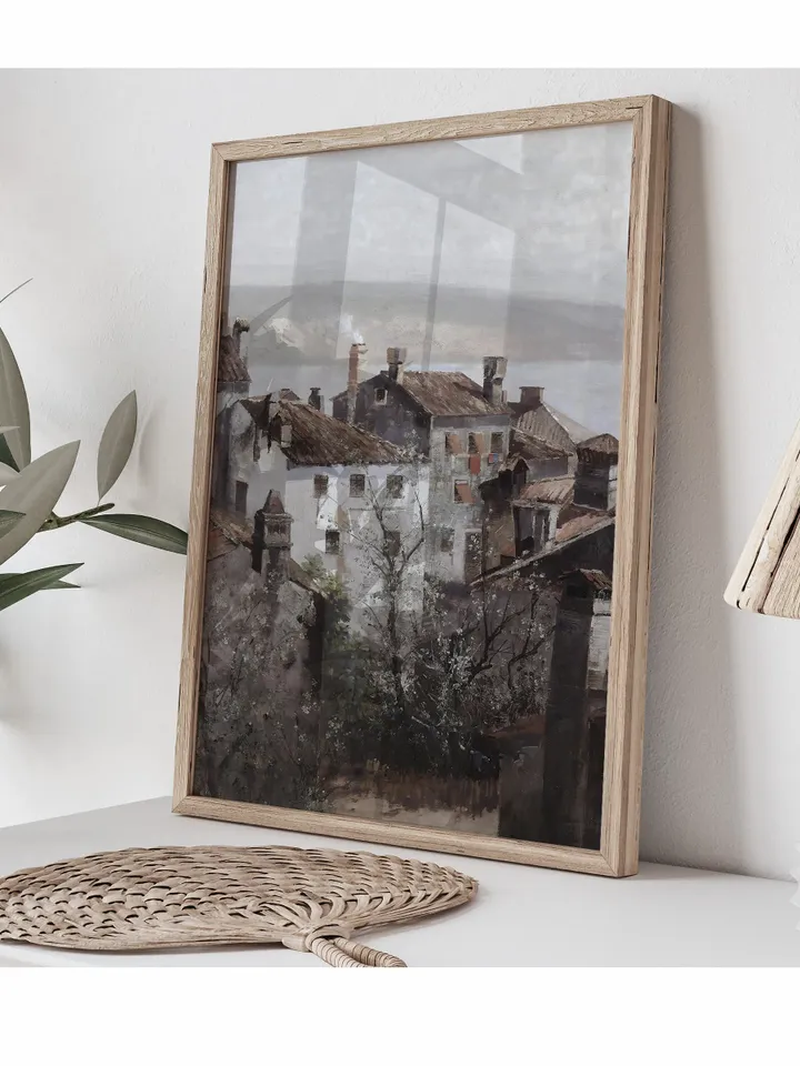 Moody European Cityscape Painting, Architecture Vintage Print, Neutral Printable Wall Art Digital Downloadable | 85
