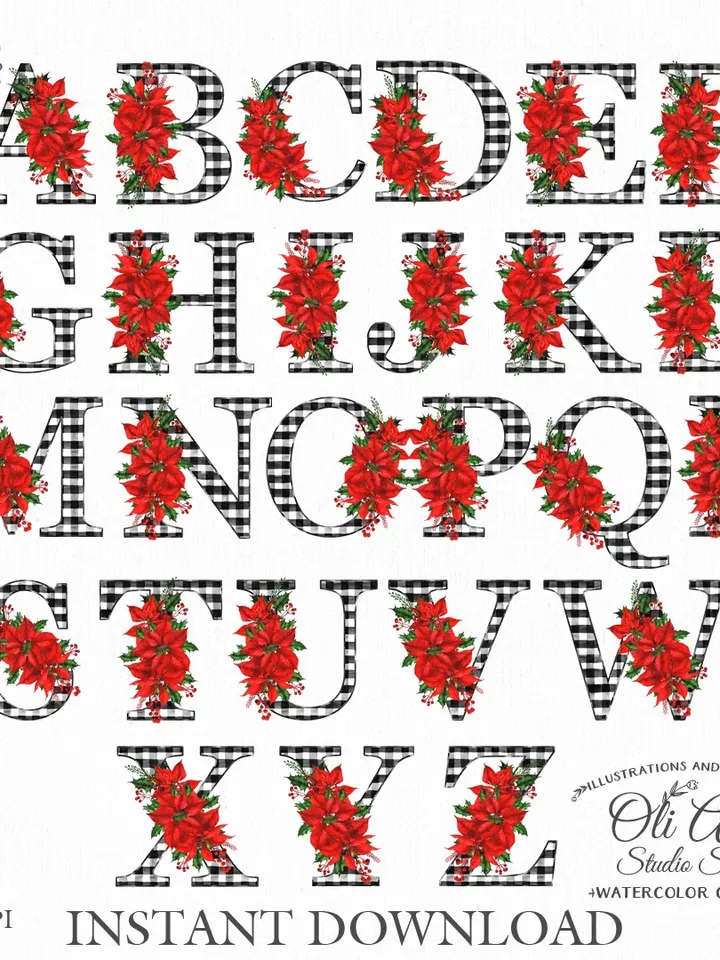 Christmas clipart. Font clipart. Alphabet Png. Buffalo Plaid. Poinsettia. Design Digital Download. OliArtStudioShop