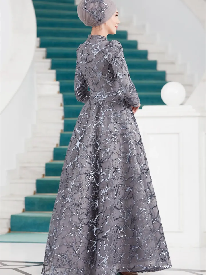 AHUNARE HIJAB - Salkım Grey Embroidered Wedding Dress, Muslim Evening Gown, Nikah, Islamic Wedding, Engagement, Bridesmaid,