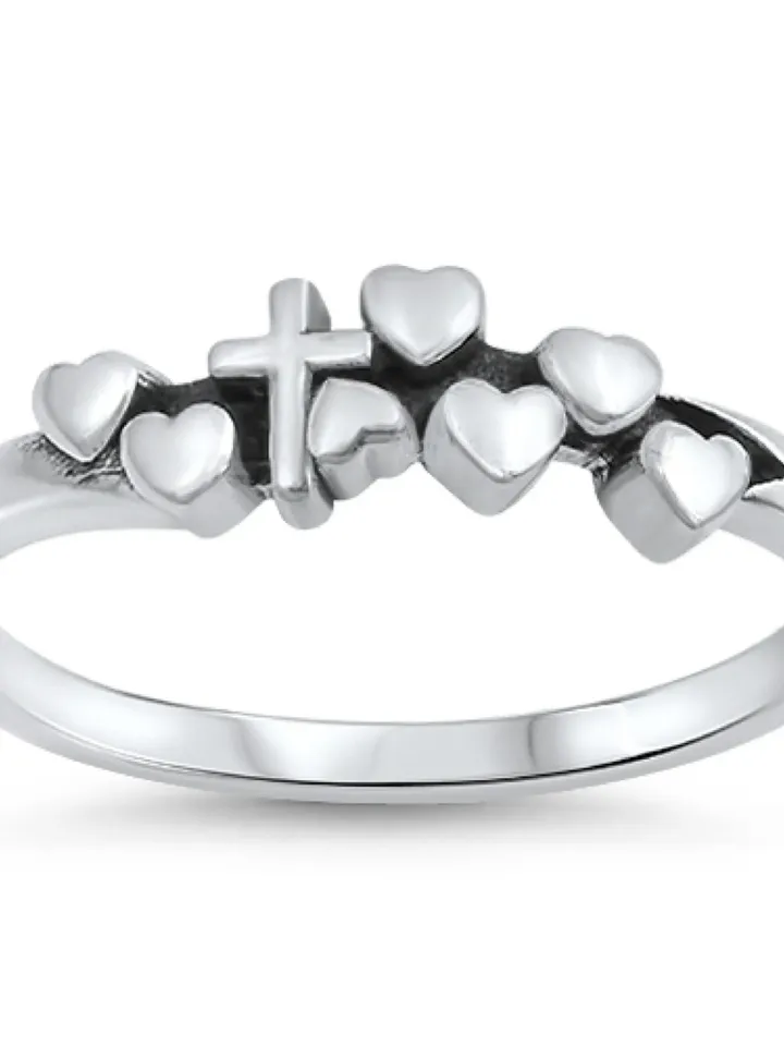 Sterling Silver Heart Cross Ring, Catholic Ring, Christian Ring, First Communion Gift, Confirmation Gift, Religious Ring