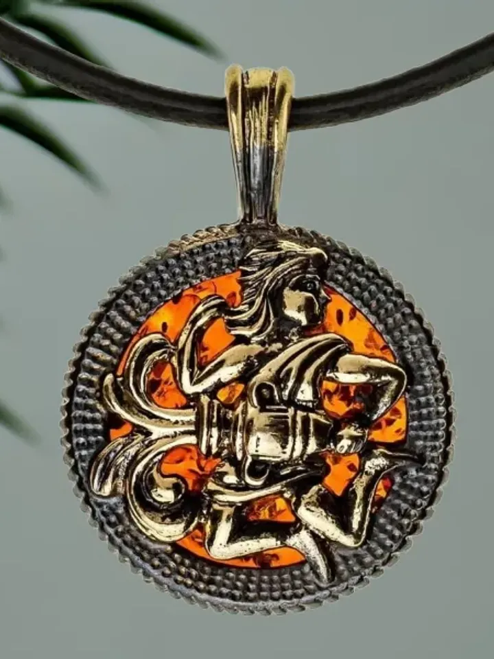 Aquarius Pendant Necklace Men's Jewelry Round Coin Brutal Gold Black Amber Pendant Aquarius Zodiac Gift Best Friend Men