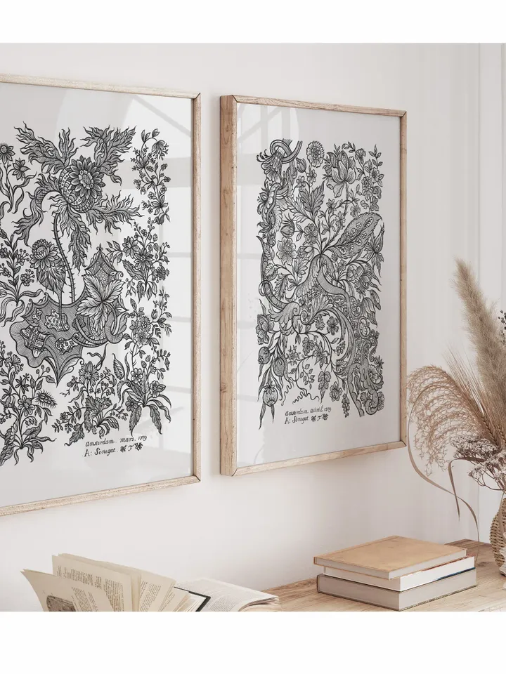 Vintage Textile Wall Art Design Etching Set of 2 Prints, Ornate Sketch Printable Decor, Digital | 201 S2