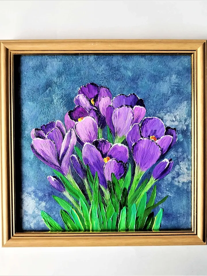 Crocuses painting Crocus bouquet Impasto painting artwork Purple Flowers palette knife painting