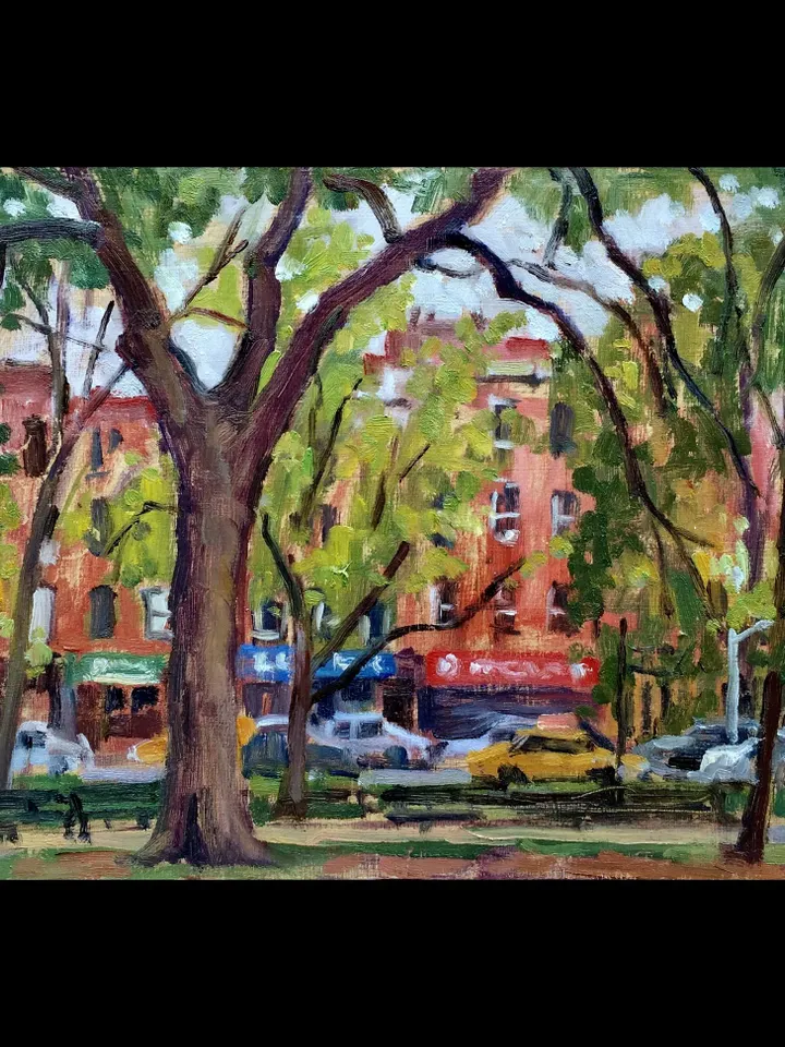 New York Cityscape Painting -Ave A/Tompkins Sq Park/East Village NYC - 8x15 Oil on Panel, New York Impressionist Signed Original Fine Art