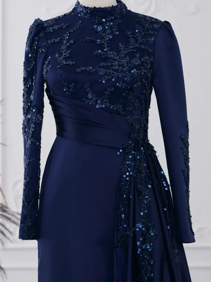AHUNARE HIJAB - Tılsım  Navy Blue Satin Wedding Dress, Muslim Evening Gown, Nikah, Islamic Wedding, Engagement, Bridesmaid,