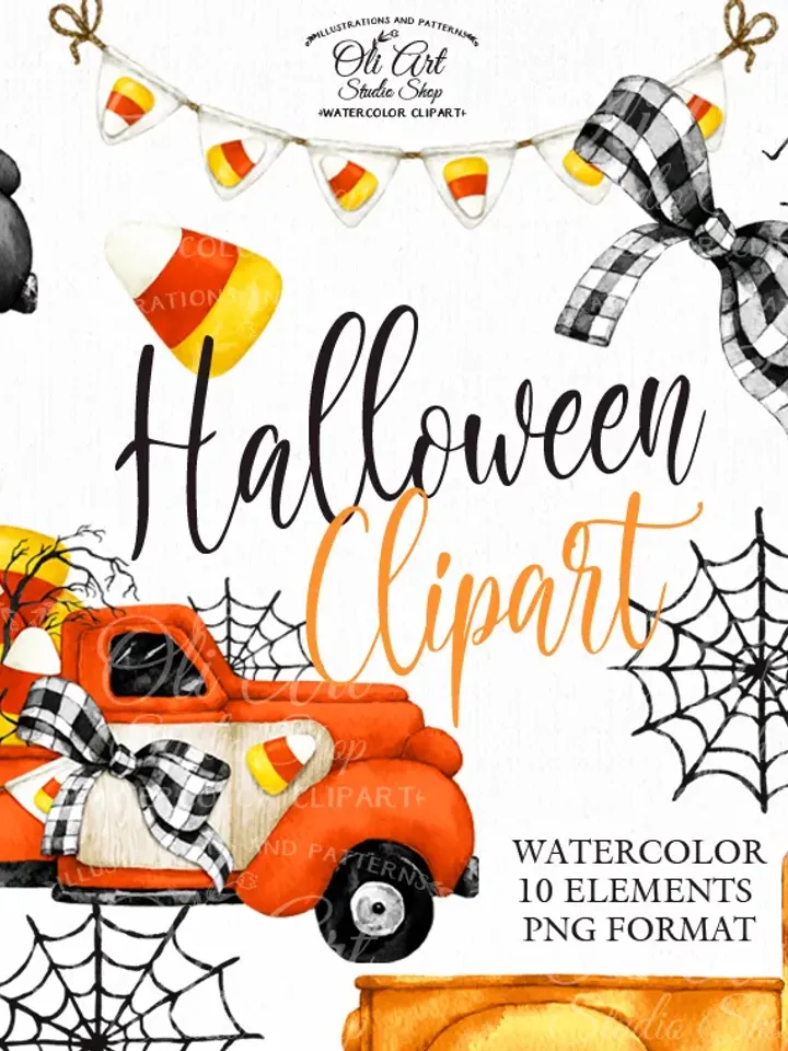 Happy Halloween truck, Candy Corn Clipart. Hand Painted Clipart. Sublimation Png, Design Digital Download