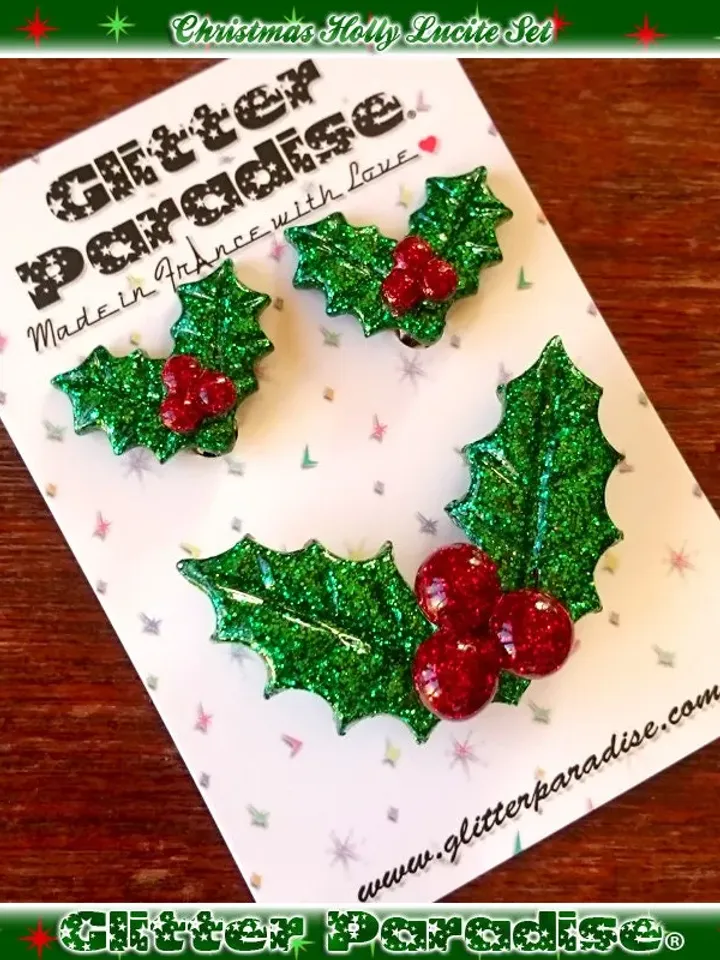 Christmas Holly - Set Brooch and Earrings - Retro Christmas Jewelry - Merry Christmas - Holly Berries - Holly Jewelries - Glitter Paradise®