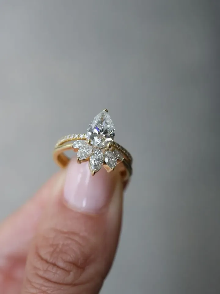 Pear Cut Moissanite 9x6mm 1.75ct.Wedding Ring With Matching Pear Cut Moissanite Band,Valentine Gift,Gift ForHer,AnniversaryRing,Perfect gift