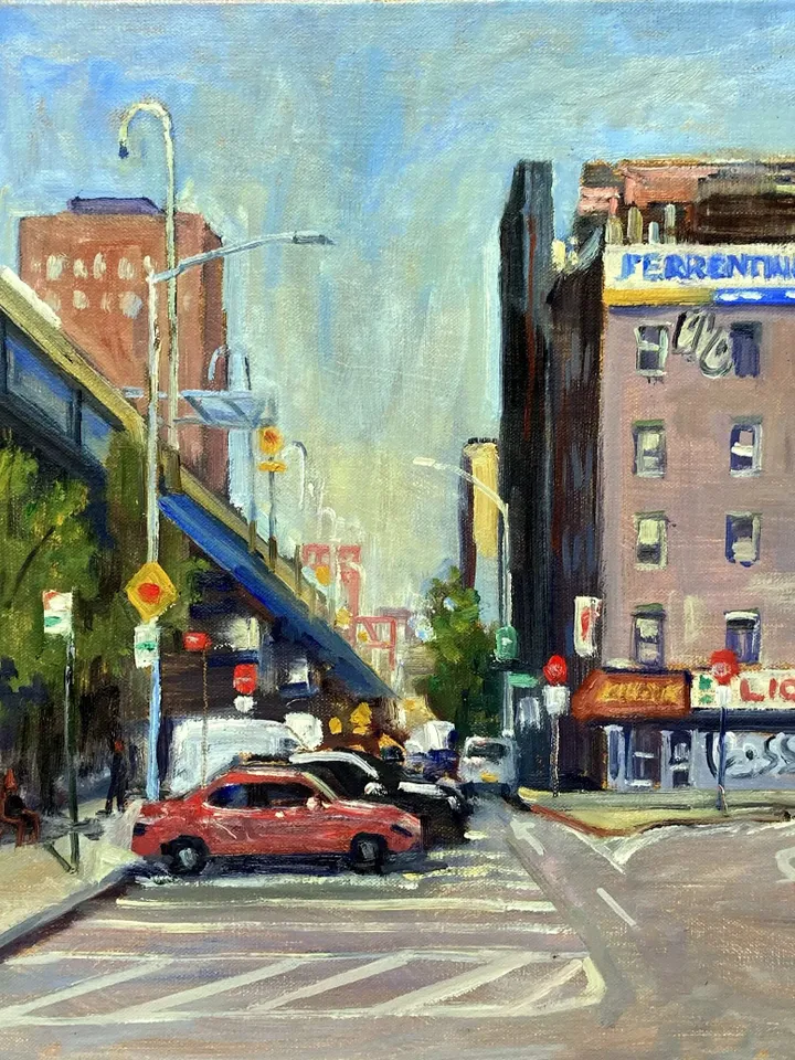 Original 14x20 Oil Painting -Morning Light/Delancey and Pitt Streets/NYC- New York Contemporary Realist Fine Art, Urban Industrial Cityscape