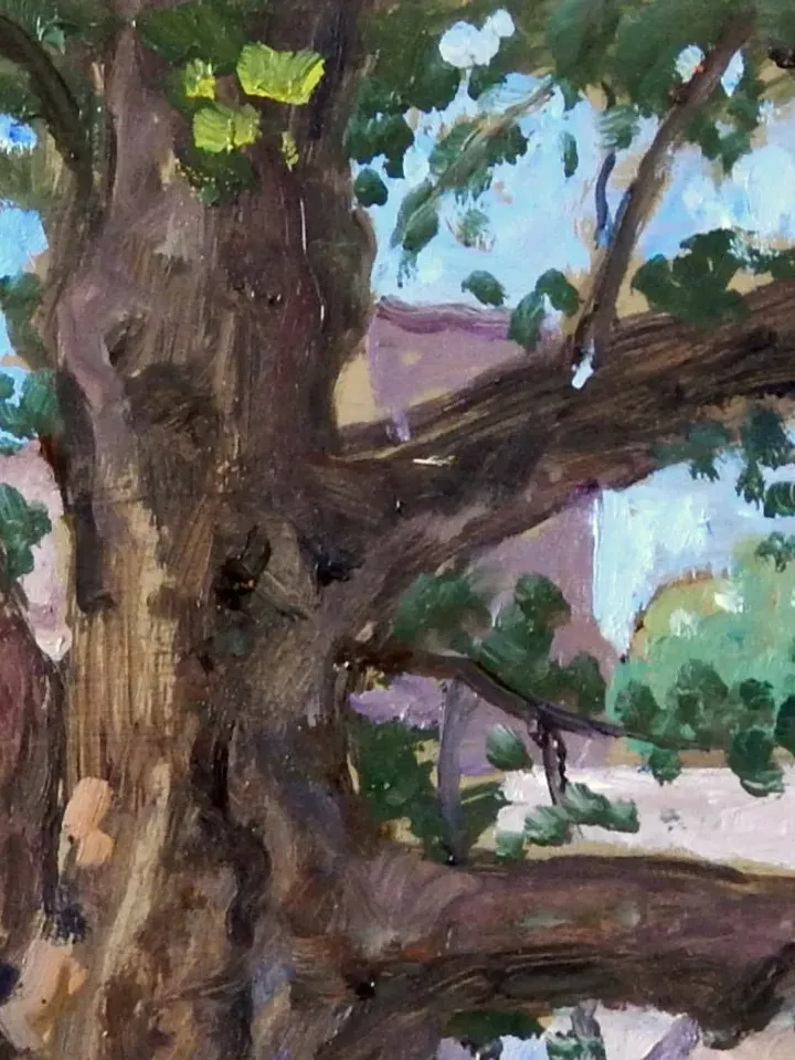 Bryn Mawr Landscape Painting - Old Tree at Rhoads/Bryn Mawr College- 9x16 Oil on Panel, Plein Air Impressionist Fine Art, Signed Original