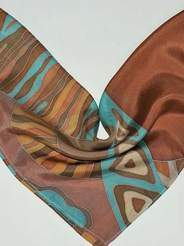 Brown with turquoise silk scarf hand painted batik Small square silk scarves