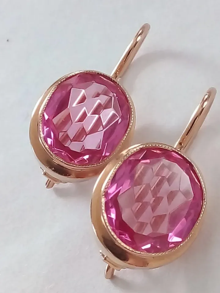 Rare Original 14K Earrings Rose Stone "Honeycomb" cut USSR 583 Rose Gold Soviet Retro Russian Women's jewelry Vintage
