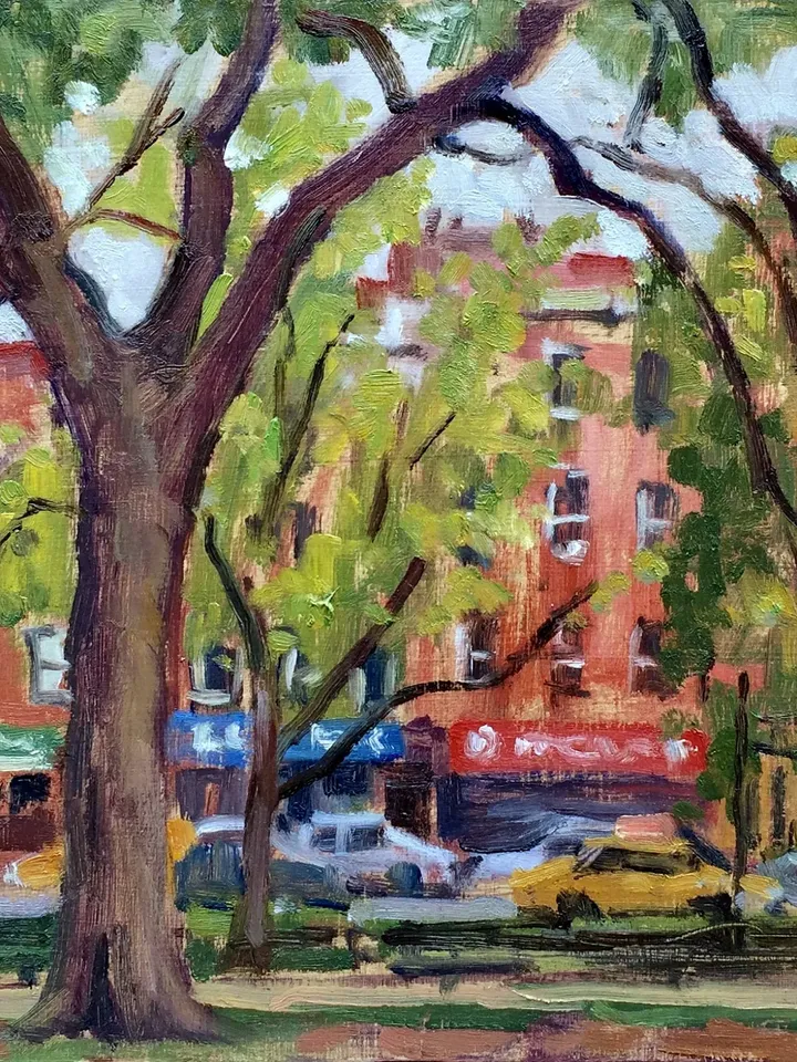 New York Cityscape Painting -Ave A/Tompkins Sq Park/East Village NYC - 8x15 Oil on Panel, New York Impressionist Signed Original Fine Art