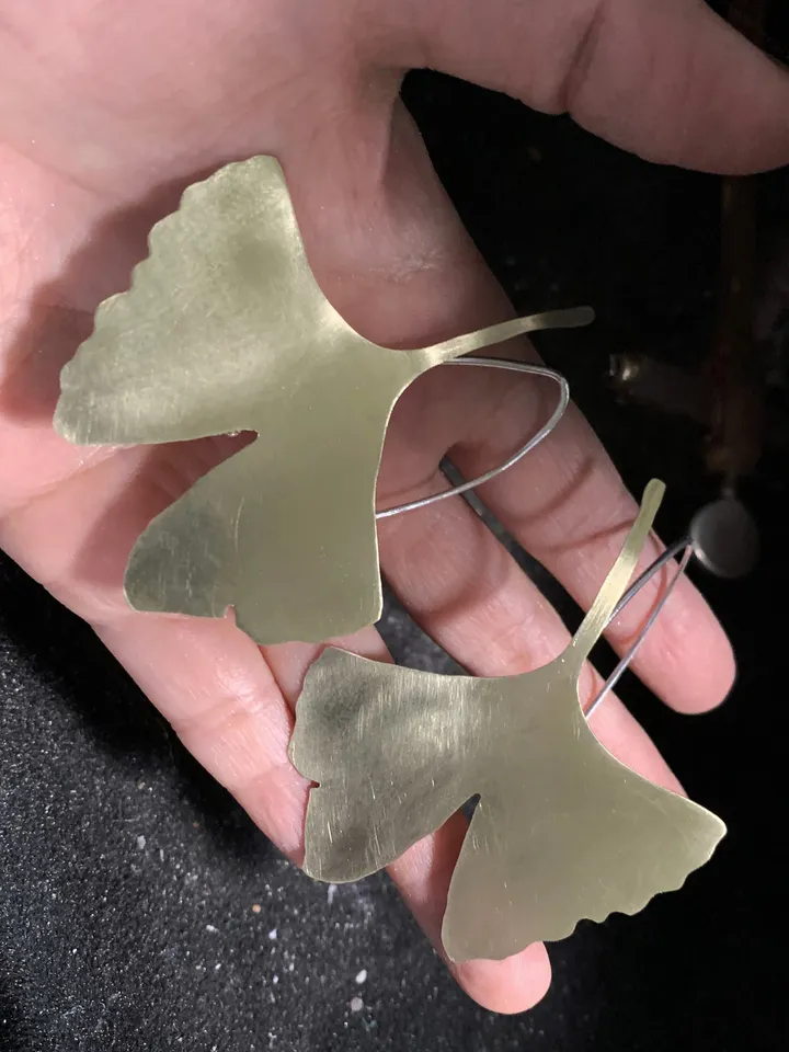Ginkgo earrings brass yellow copper and silver