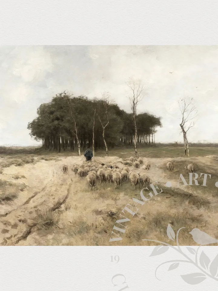 Vintage Wall Art Landscape Antique Oil Painting, Flock of Sheep Print, Large Farmhouse Printable Digital Home Decor | 22
