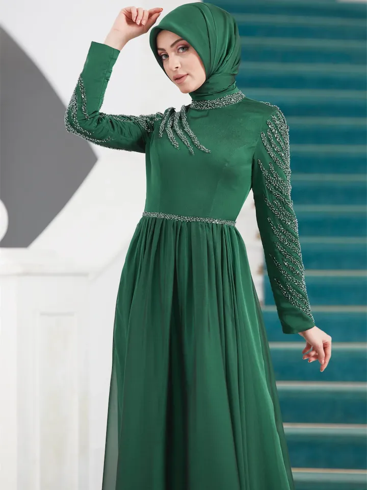 AHUNARE HIJAB - Liz  Green Chiffon Wedding Dress, Muslim Evening Gown, Nikah, Islamic Wedding, Engagement, Bridesmaid,