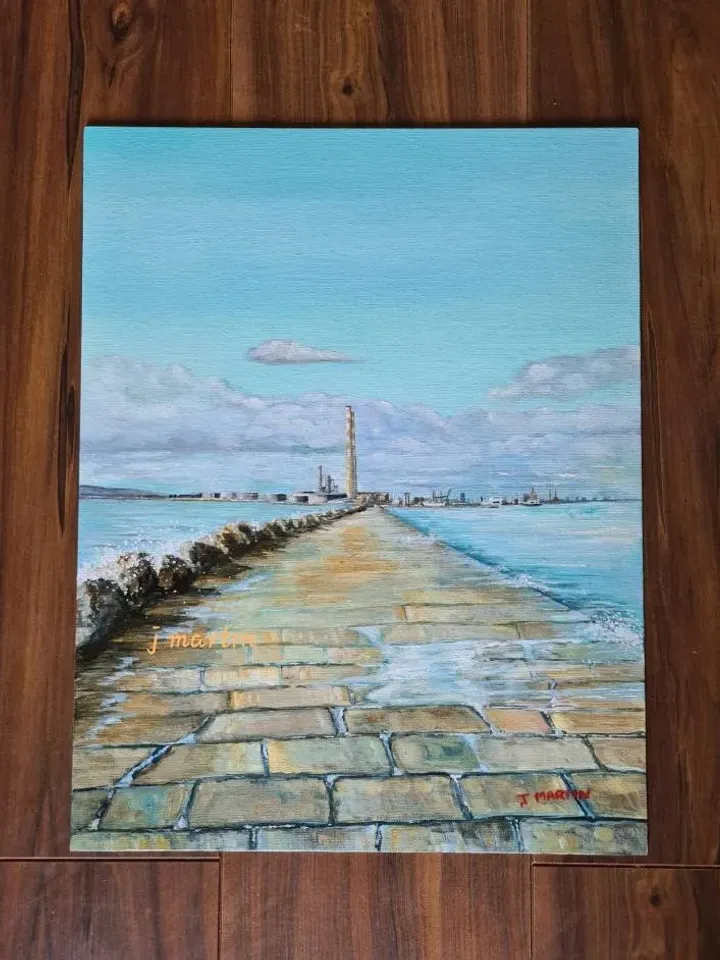 The Long Walk, Poolbeg Lighthouse to Poolbeg Chimneys from Great South Wall, Ringsend, Dublin Docks, unmounted, unframed