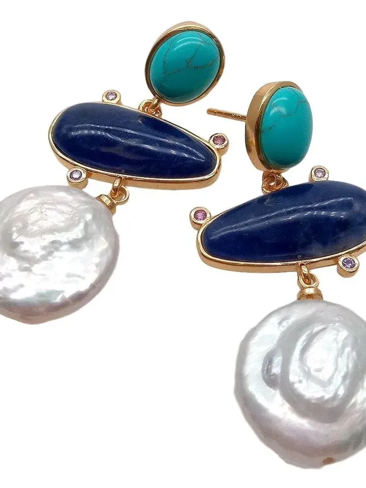 Turquoise Earrings, Pearl Earrings, Turquoise and Pearl Earrings, Gold Plated Turquoise Earrings