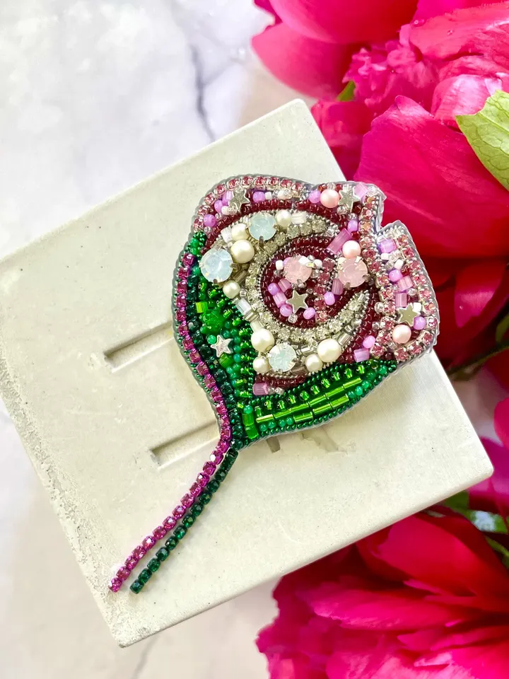 Moon Flower Beaded Brooch, Handmade Embroidered Accessory, Pin Blossom in Pink with Half-moon Crescent, Flower Brooch