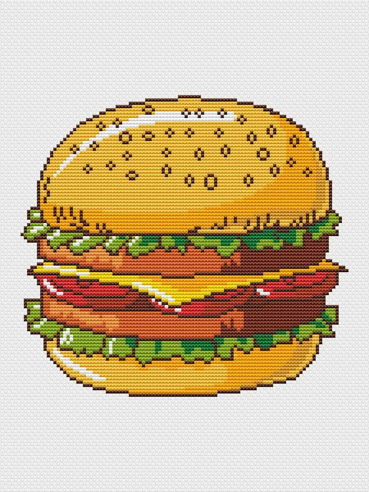 Hamburger Cross Stitch Pattern PDF, Burger Cross Stitch Pattern Modern, Fast food Xstitch Pattern