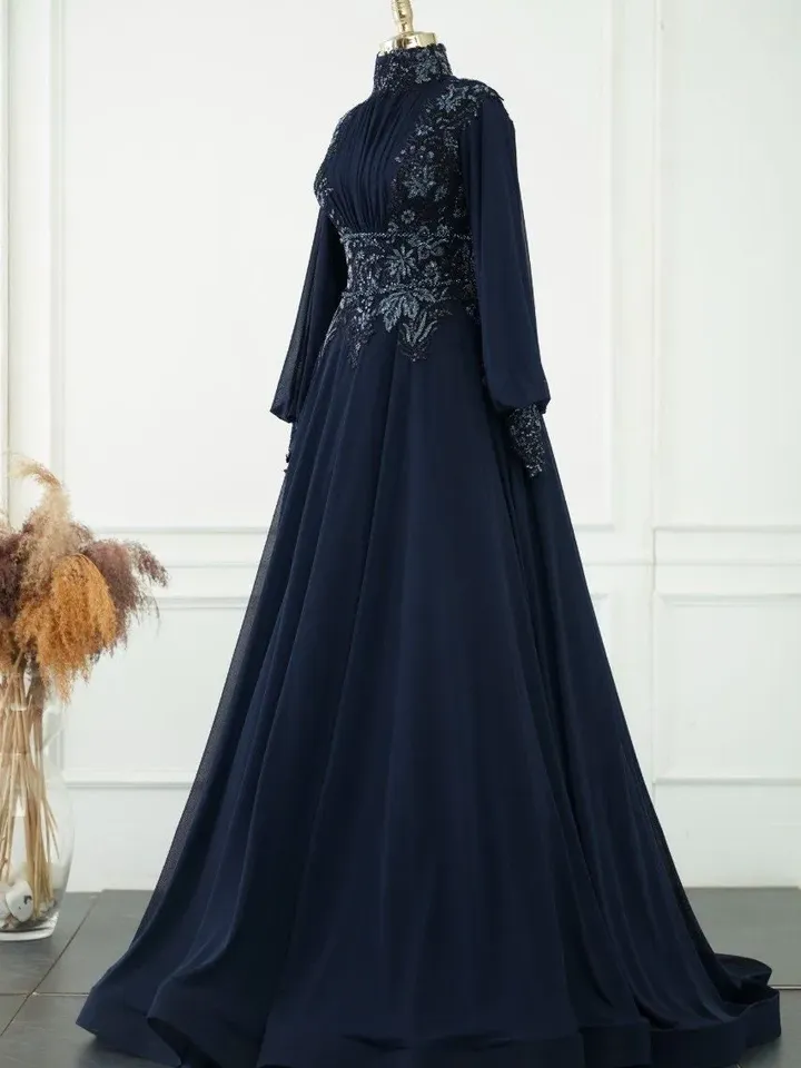 AHUNARE HIJAB - Neva Navy Blue Embroidered Wedding Dress, Muslim Evening Gown, Nikah, Islamic Wedding, Engagement, Bridesmaid,