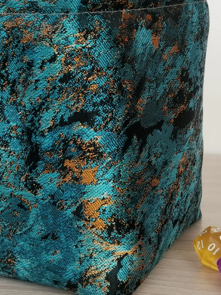 Large dice bag with pockets for 150-200 dice Dark teal and gold jacquard