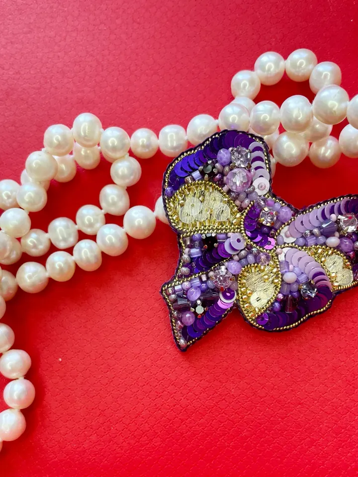 Beaded Brooch Exquisite Purple Bow In Gold, Handmade Embroidered Jewelry, Delicate Brooch, Pin Purple, Embroidery