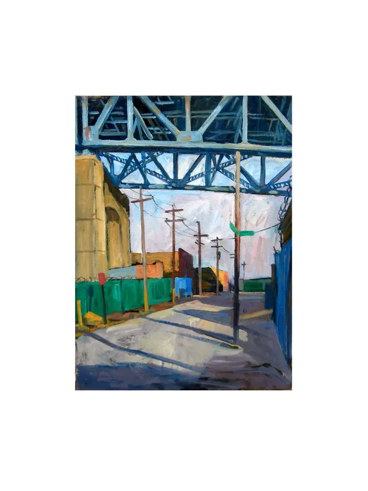 Original New York Cityscape Painting - Kosciuszko Bridge Shadows/NYC - 18x24 Oil on Canvas, Urban Industrial Art, Signed Original Fine Art