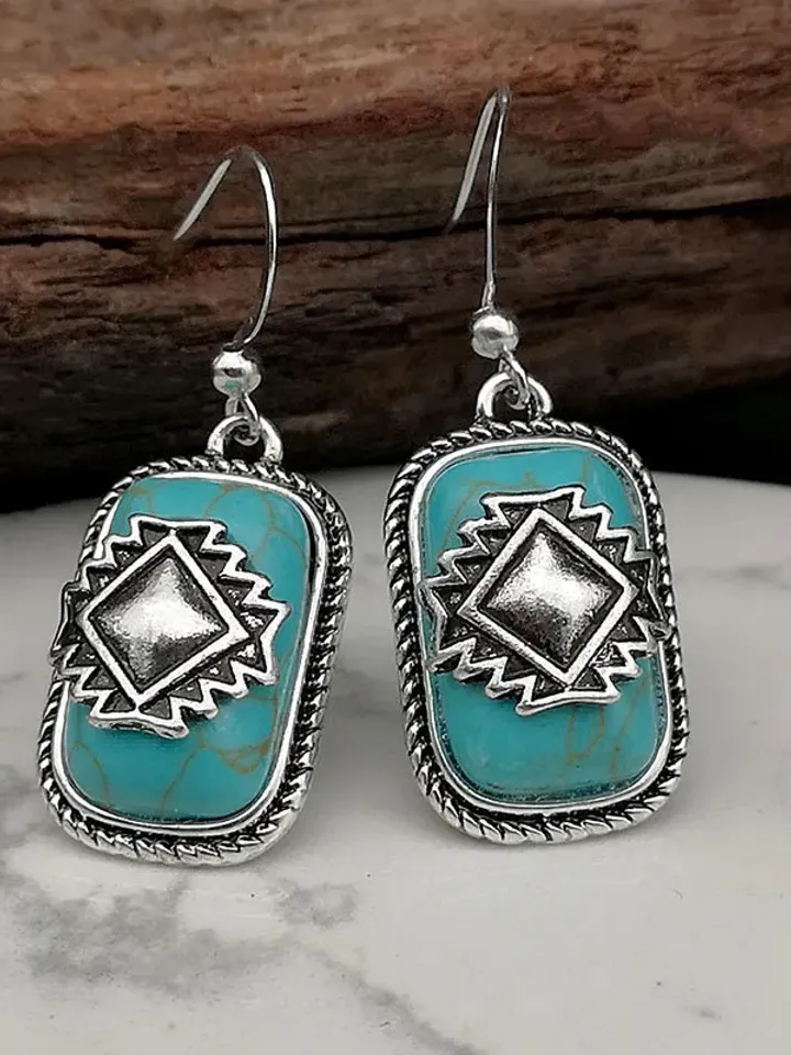 Blue Aztec Earrings, Blue Boho Ethnic Earrings, turquoise boho earrings, turquoise oblong aztec earrings, Turquoise Blue Aztec Boho Earrings