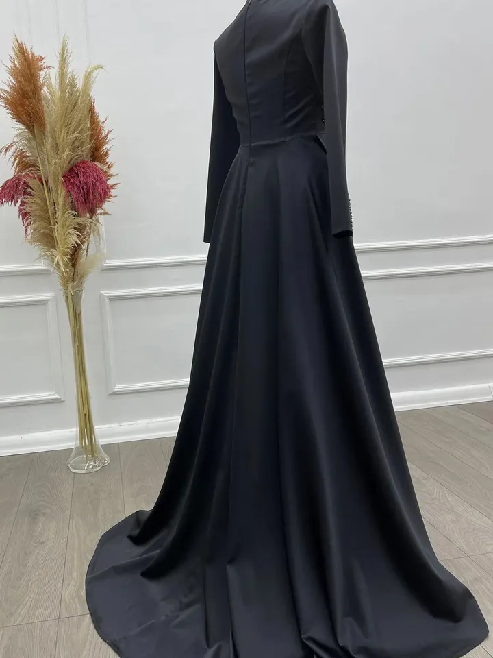 AHUNARE HIJAB - Sude Black Satin Embroidered Wedding Dress, Muslim Evening Gown, Nikah, Islamic Wedding, Engagement, Bridesmaid,