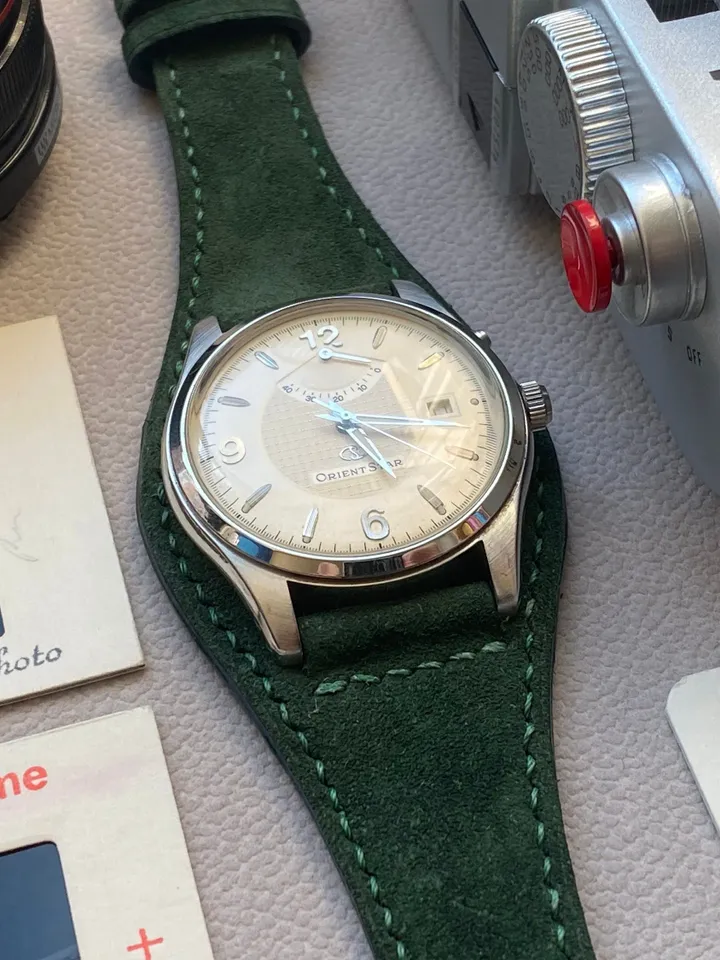 Green Suede Leather Cuff Band, Leather Watch Strap in 20mm, Bund Strap, Mens Wristwatch Band, Uhrenarmband, Armband, Valentines Day Gift