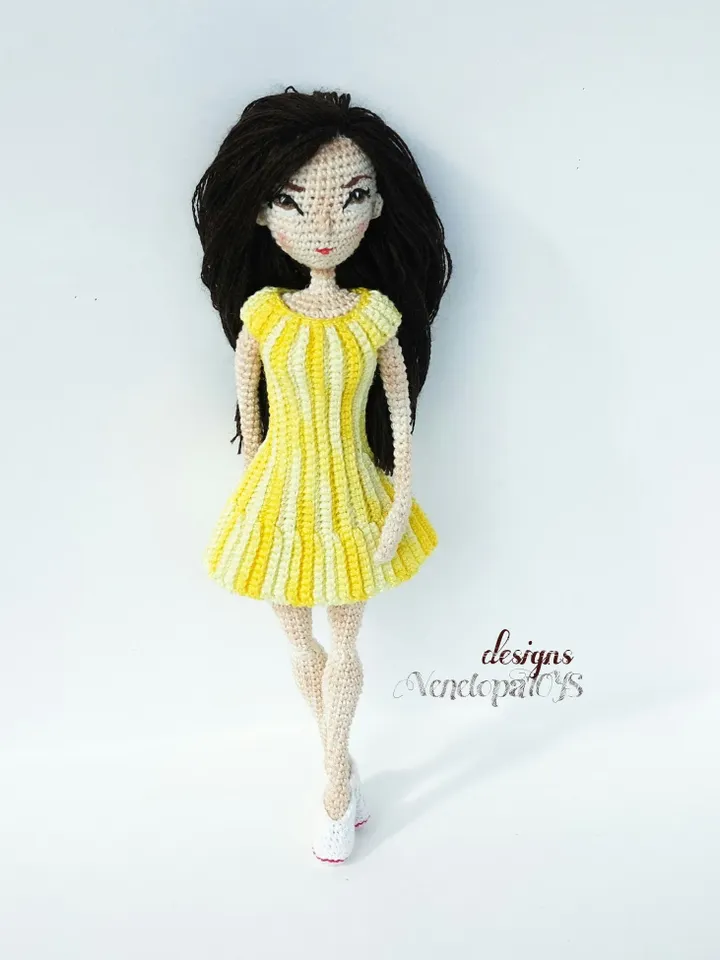 PDF Pattern Crochet Outfit for Doll Jessica - yellow dress, shoes and a bag
