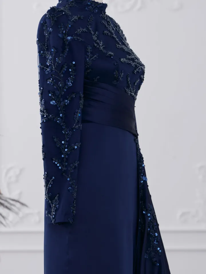 AHUNARE HIJAB - Tılsım  Navy Blue Satin Wedding Dress, Muslim Evening Gown, Nikah, Islamic Wedding, Engagement, Bridesmaid,