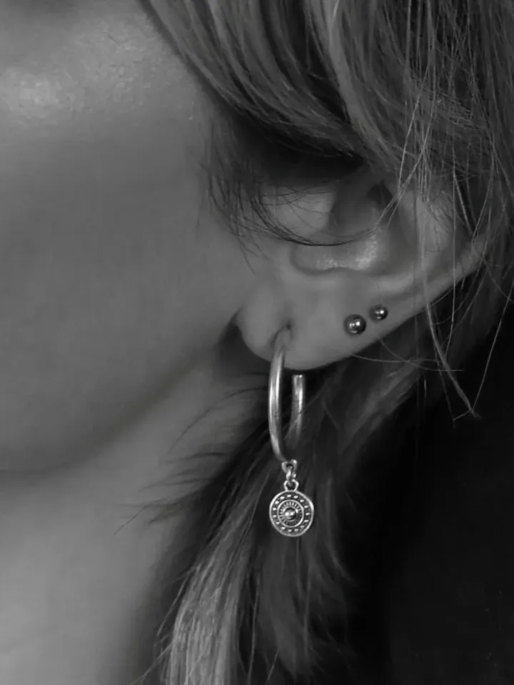 Hoop Earrings with Tiny Ethnic Charm, Gold Silver Dangle Hoops 29mm for Women Teens, Dainty Tribal Minimal Coin Geometric Jewelry for Her
