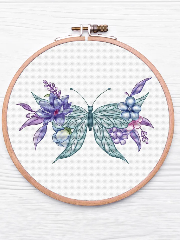 Floral Butterfly Modern Cross Stitch Pattern, Flower Counted Cross Stitch Chart, Nature embroidery, Instant Download PDF