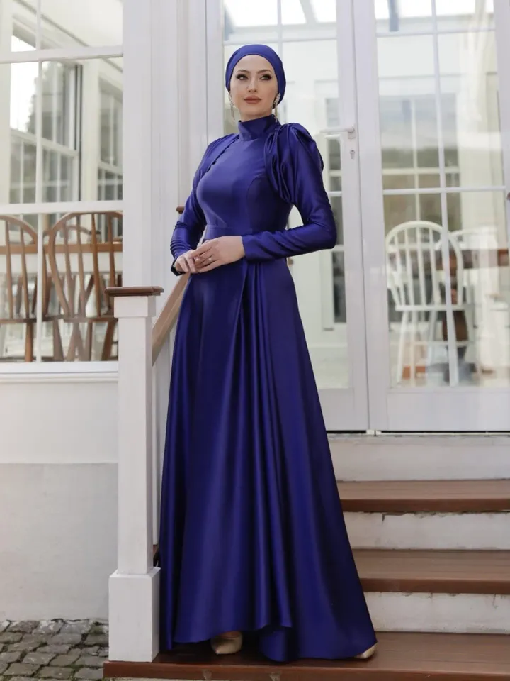 Azha Ahunare Navy Blue Satin Wedding Dress, Muslim Evening Gown, Nikah, Islamic Wedding, Engagement, Bridesmaid, Maxi Dress