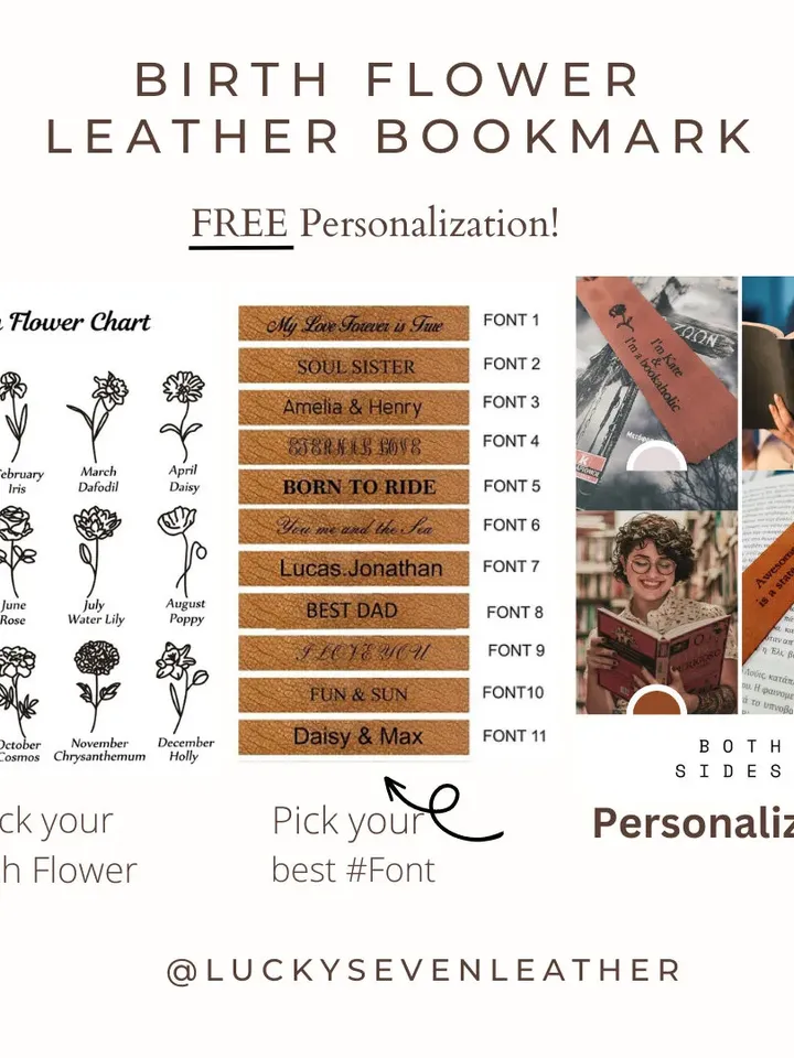 Custom Birth Flower Leather Bookmark, Free Personalization, Best Friends Birthday Gift, Kids/Teacher Gift Idea, Book Lover/Reader Gift
