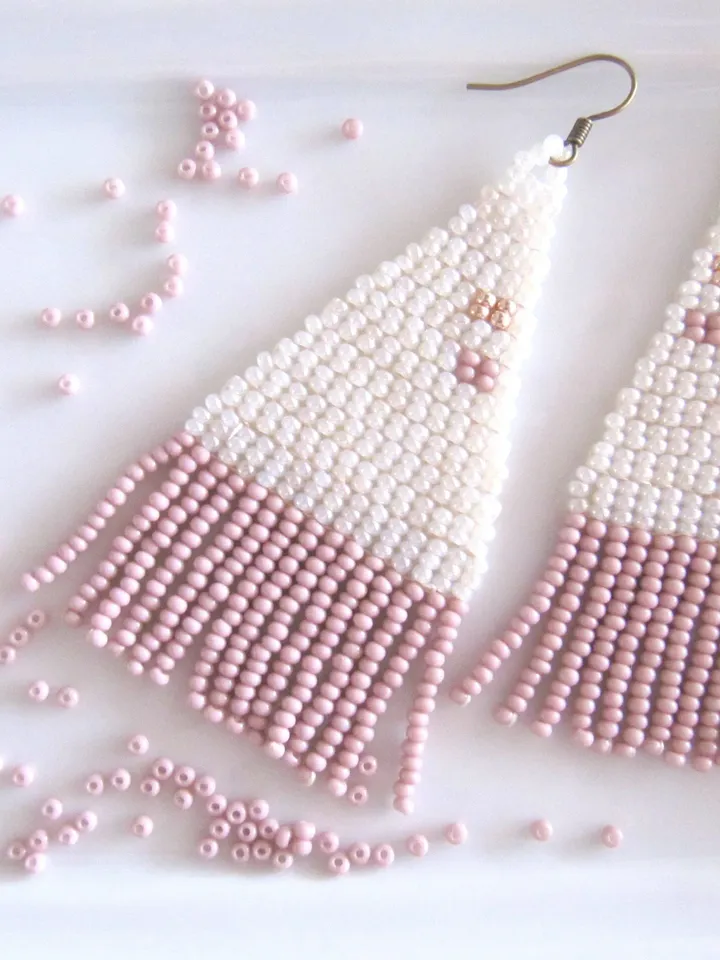 White Pastel, Beaded Earrings, Fringe Earrings, Statement Abstract, Chandelier Boho Handwoven Earrings, Gift for woman, christmas gift