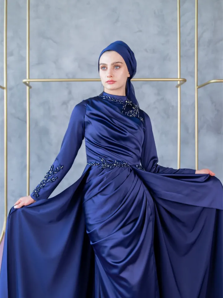 Mercan Navy Blue Satin Tailed Embroidered Ahunare Wedding Dress, Muslim Evening Gown, Islamic Wedding, Engagement, Bridesmaid, Maxi Dress