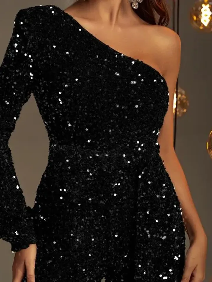 Sequin Asymmetrical Neck Bishop Sleeve One Shoulder Flare Leg Jumpsuit Wedding Party Evening Prom Cocktail Club Xmas Christmas