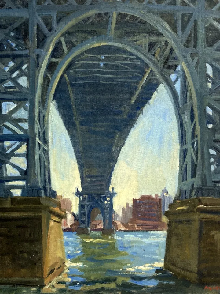 Large New York Cityscape Painting - Under the Williamsburg Bridge/NYC - 20x20 Oil on Linen, Impressionist Fine Art, Signed Original