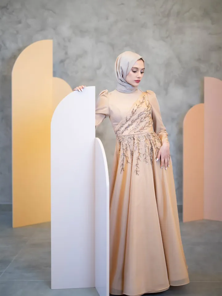 AHUNARE HIJAB - Dilnur Beige Embroidered Wedding Dress, Muslim Evening Gown, Nikah, Islamic Wedding, Engagement, Bridesmaid,