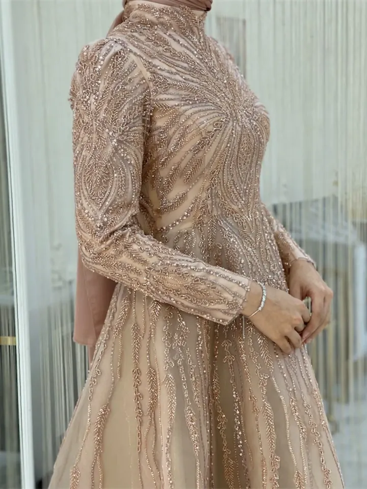 AHUNARE HIJAB - Masal Yarım Daire Honey Colored Embroidered Wedding Dress, Muslim Evening Gown, Islamic Wedding, Engagement, Bridesmaid,