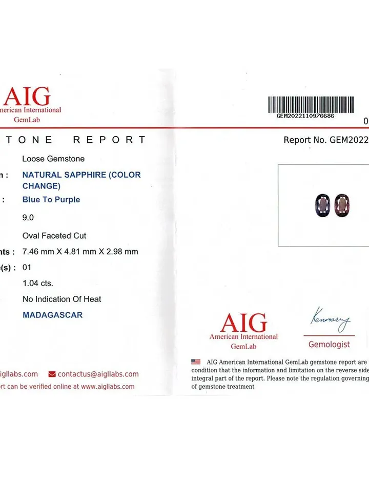 1.04 CT AIG Certified Unique Rarest 100% Natural Unheated Color Change Sapphire